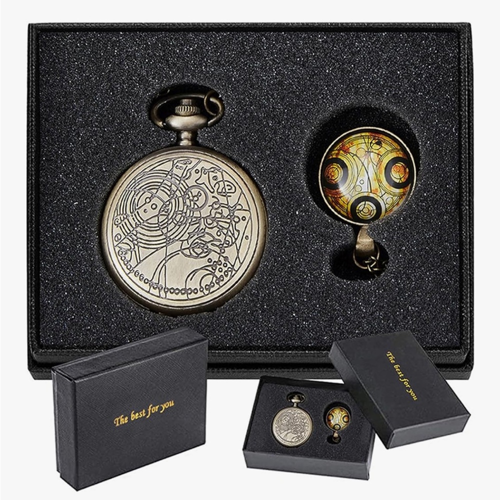 Vintage Style Bronze Dr Who Retro Quartz Pocket Watch w/ Necklace & Gift Box